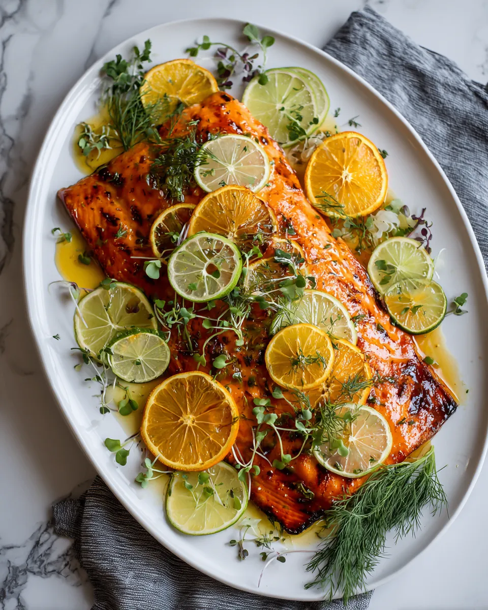 Grilled Triple Citrus Salmon garnished with fresh herbs, vibrant and flavorful, perfect for festive gatherings and healthy eating.