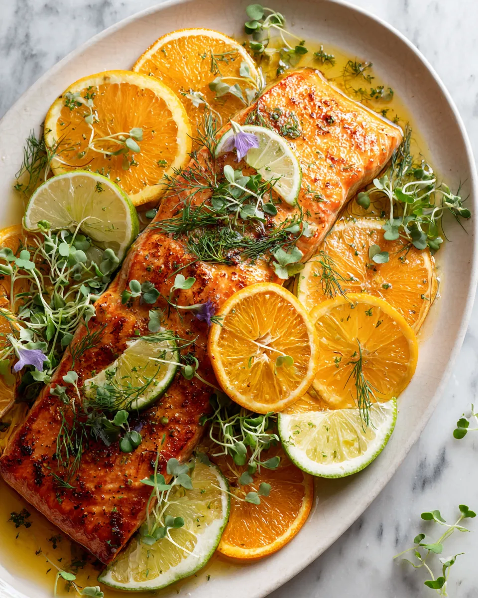 Grilled Triple Citrus Salmon garnished with fresh herbs, vibrant and flavorful, perfect for festive gatherings and healthy eating.