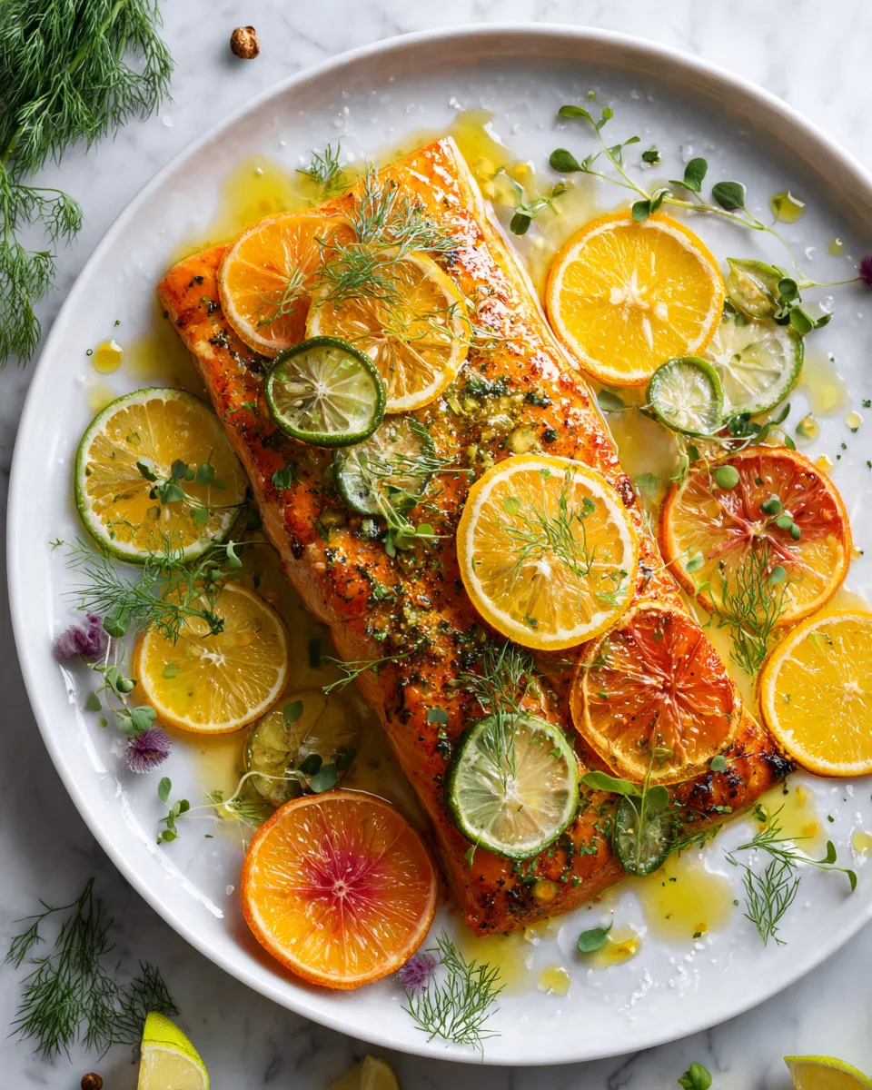 Grilled Triple Citrus Salmon garnished with fresh herbs, vibrant and flavorful, perfect for festive gatherings and healthy eating.