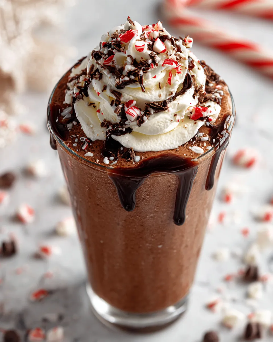 Creamy homemade chocolate frosty served with whipped cream, a delightful holiday treat made with ice cream and chocolate syrup.