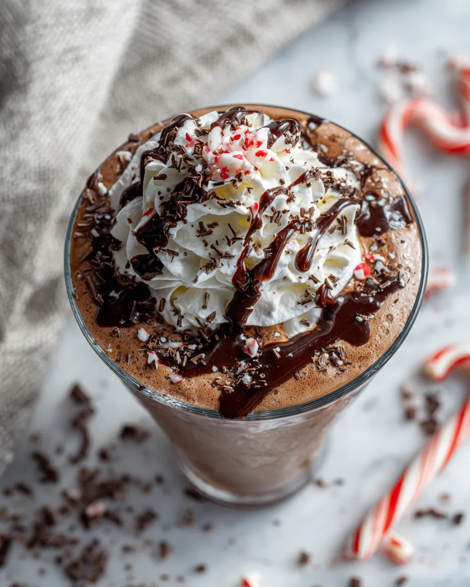 Creamy homemade chocolate frosty served with whipped cream, a delightful holiday treat made with ice cream and chocolate syrup.