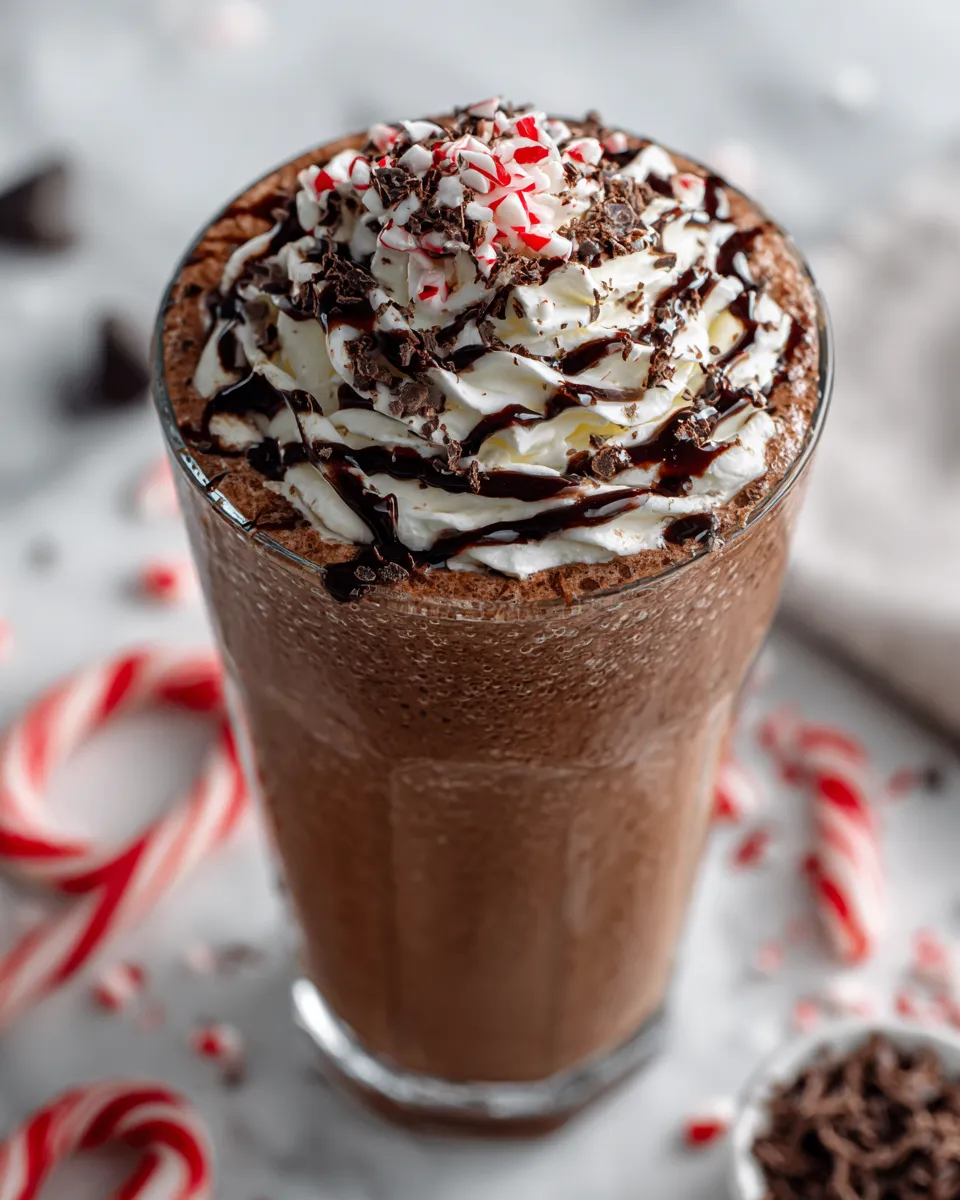 Creamy homemade chocolate frosty served with whipped cream, a delightful holiday treat made with ice cream and chocolate syrup.