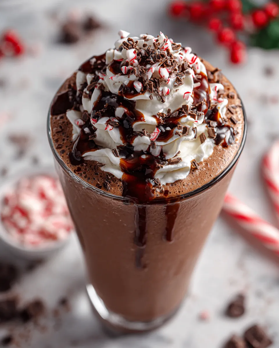 Creamy homemade chocolate frosty served with whipped cream, a delightful holiday treat made with ice cream and chocolate syrup.