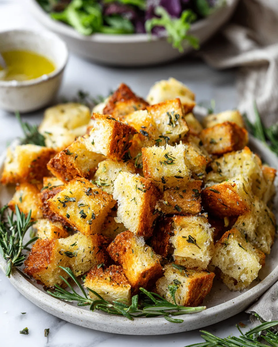 Crunchy homemade croutons recipe made with stale bread, garlic, and herbs for salads and soups. Perfect for Thanksgiving gatherings!