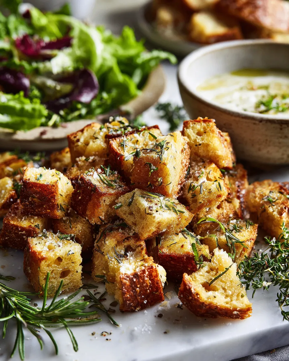 Crunchy homemade croutons recipe made with stale bread, garlic, and herbs for salads and soups. Perfect for Thanksgiving gatherings!