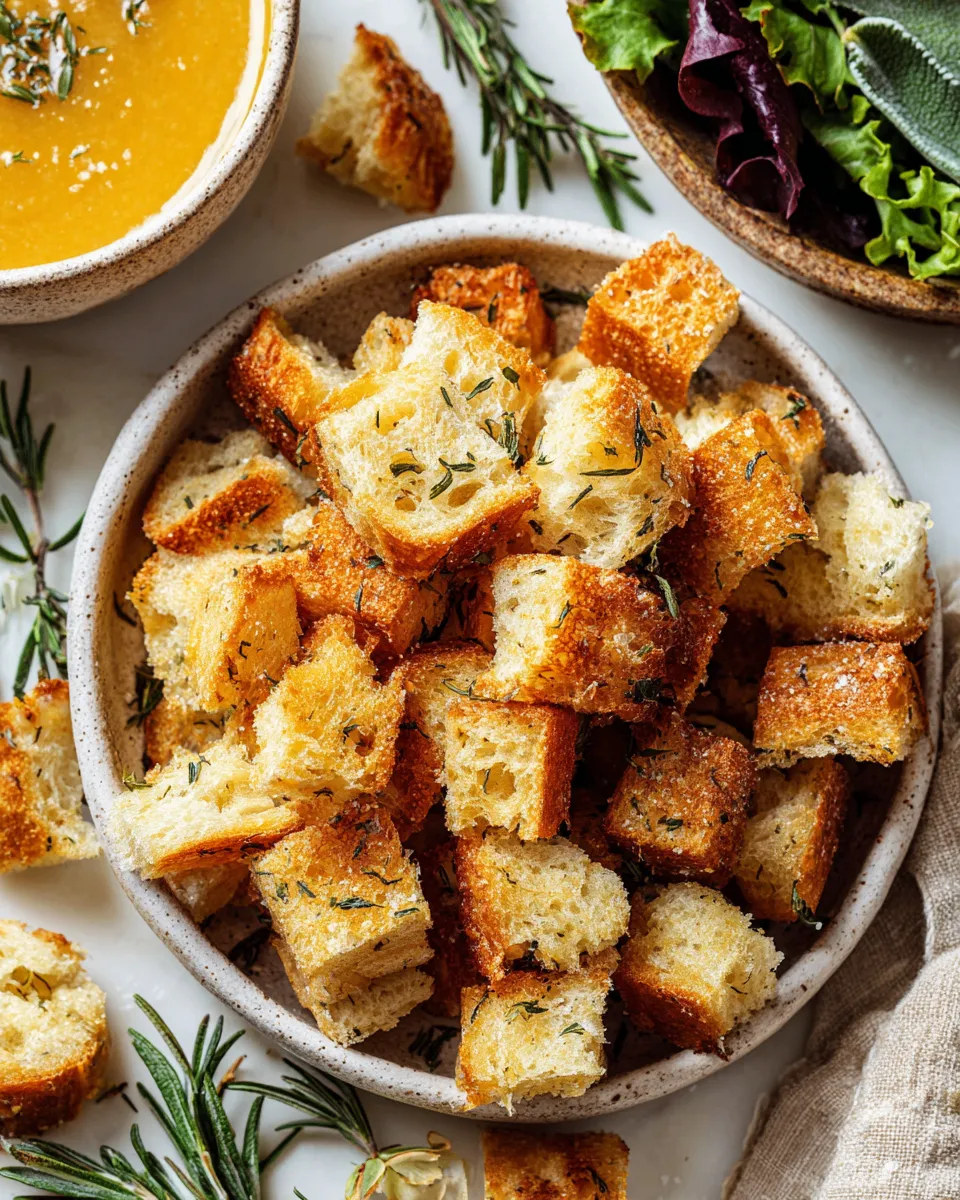 Crunchy homemade croutons recipe made with stale bread, garlic, and herbs for salads and soups. Perfect for Thanksgiving gatherings!