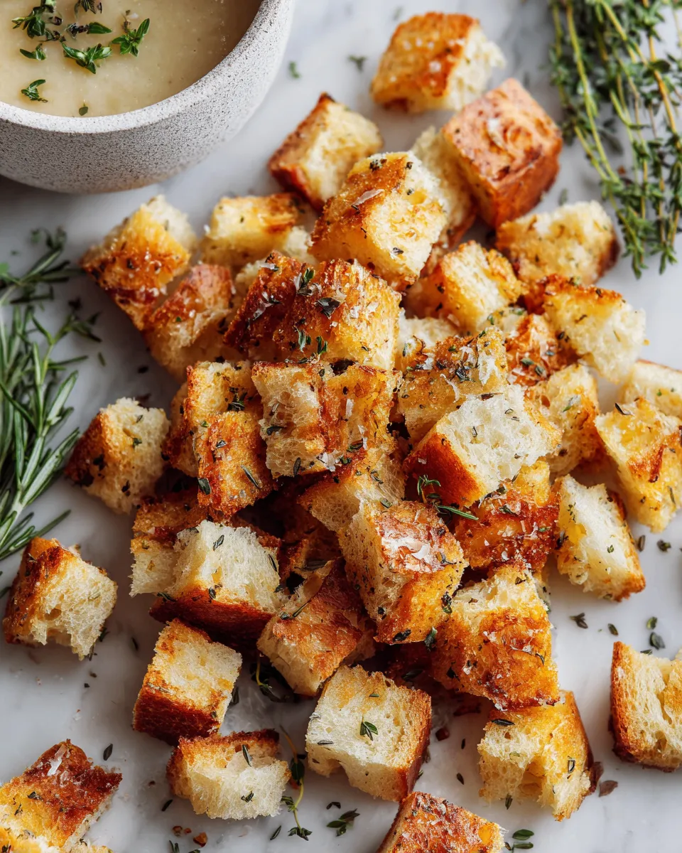 Crunchy homemade croutons recipe made with stale bread, garlic, and herbs for salads and soups. Perfect for Thanksgiving gatherings!