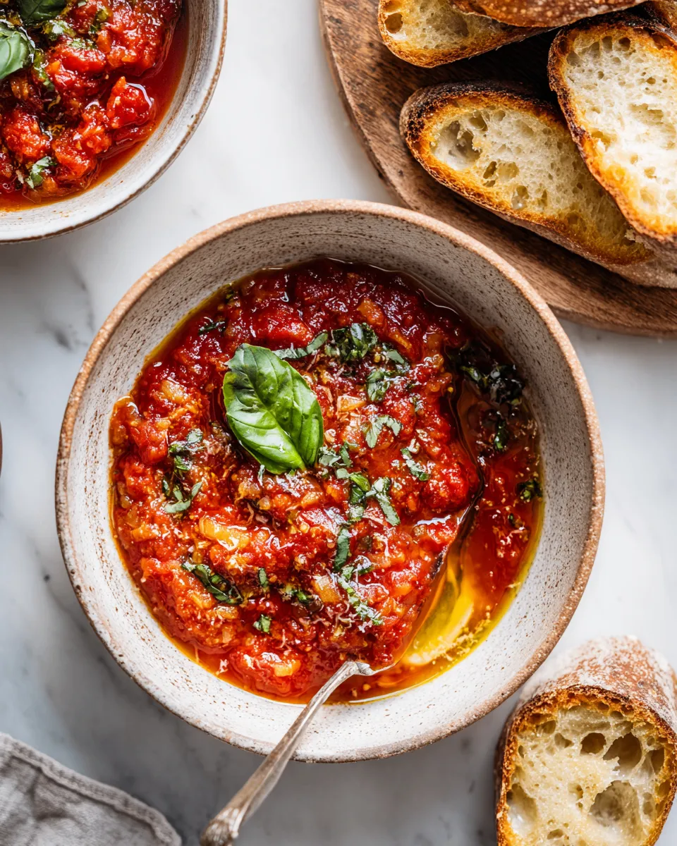 Homemade tomato sauce simmering in a pot, enriched with fresh herbs and aromatic garlic, perfect for enhancing pastas and holiday dishes.