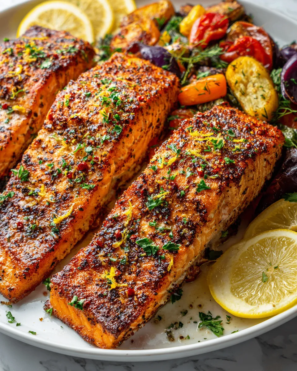 Delicious pan-seared lemon pepper salmon fillets garnished with parsley, ready to serve in 20 minutes, perfect for festive gatherings.