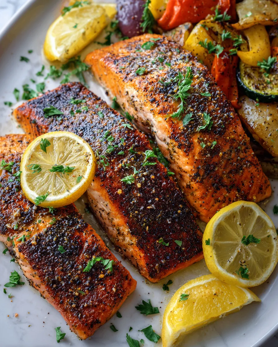 Delicious pan-seared lemon pepper salmon fillets garnished with parsley, ready to serve in 20 minutes, perfect for festive gatherings.