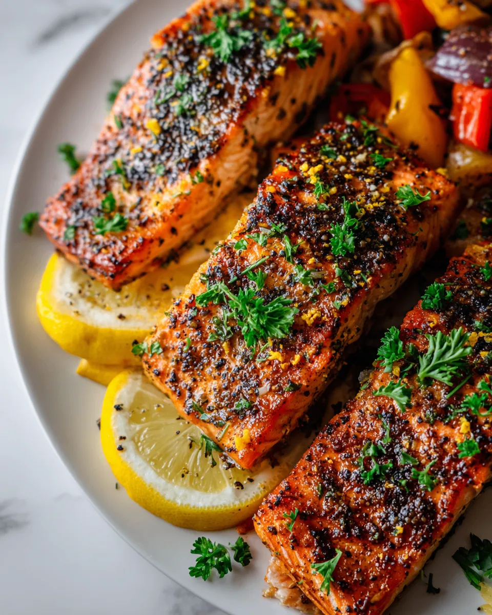 Delicious pan-seared lemon pepper salmon fillets garnished with parsley, ready to serve in 20 minutes, perfect for festive gatherings.