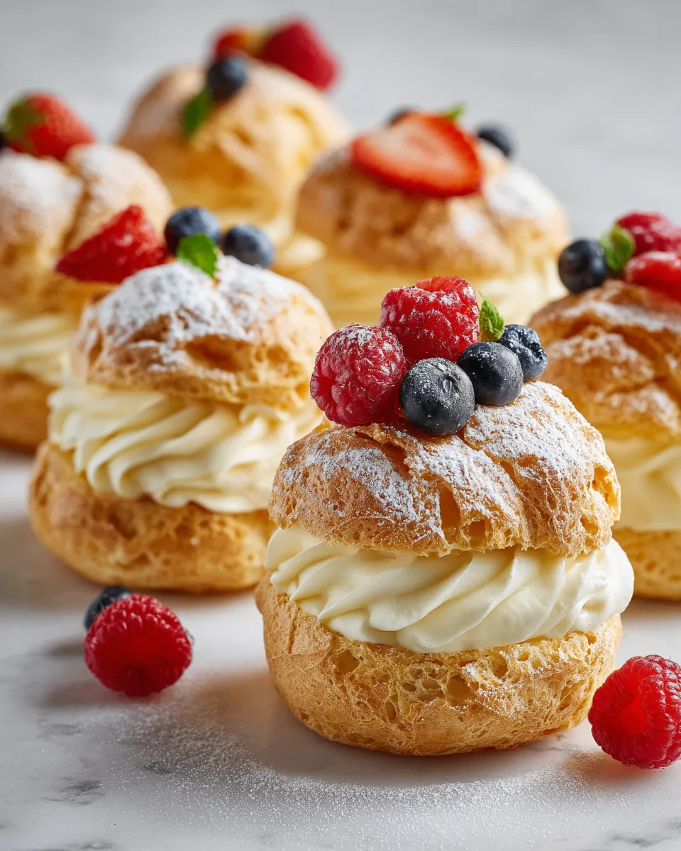 Light cream puffs filled with whipped cream, a perfect holiday dessert treat.