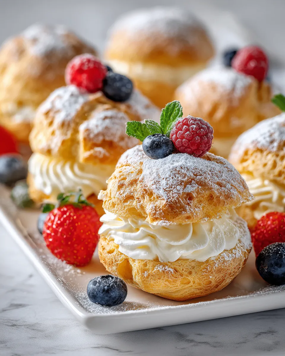 Light cream puffs filled with whipped cream, a perfect holiday dessert treat.