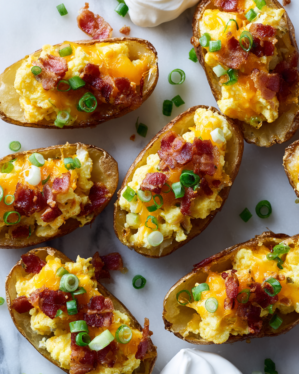 Delicious loaded breakfast potato skins topped with bacon, scrambled eggs, and melted cheese, perfect for festive holiday feasts.