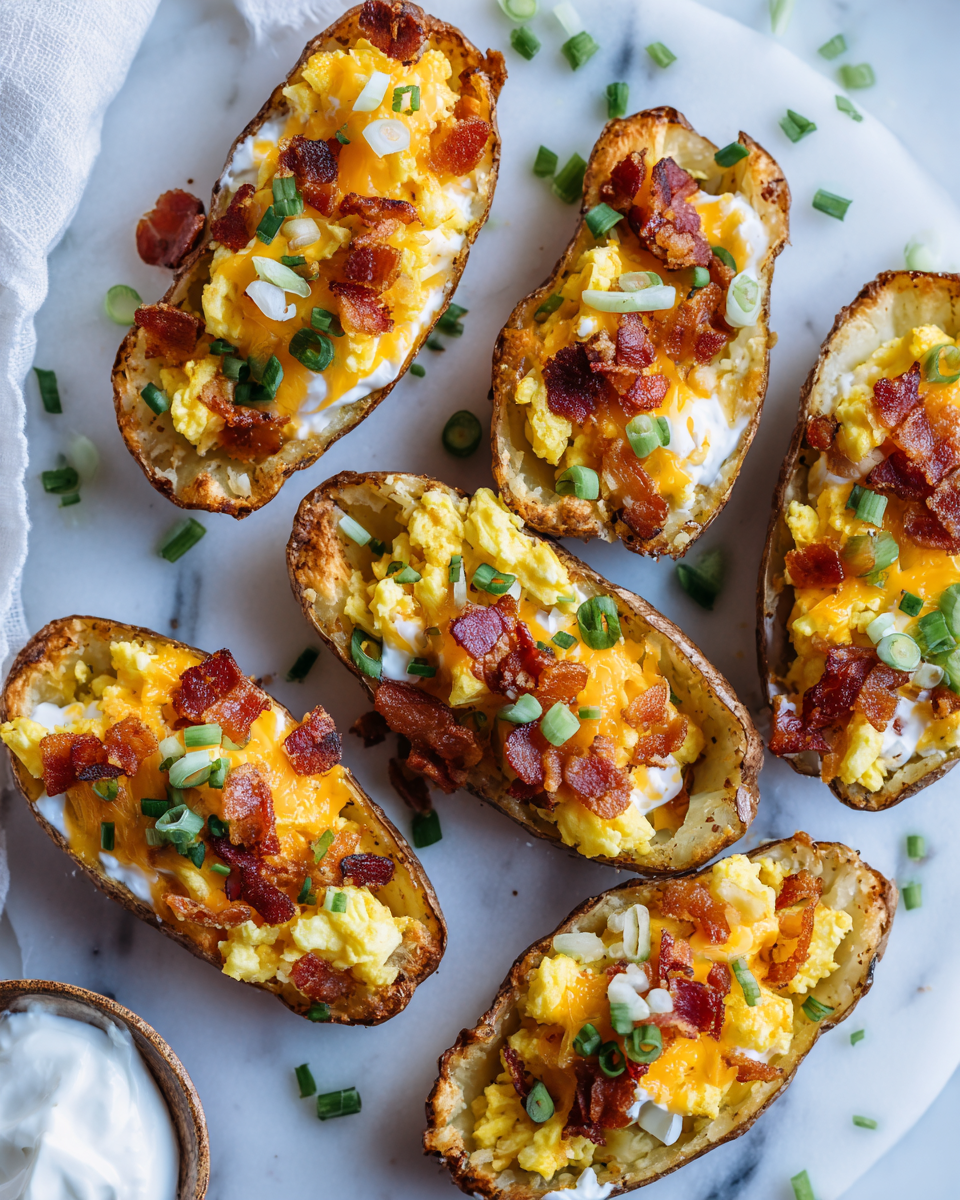 Delicious loaded breakfast potato skins topped with bacon, scrambled eggs, and melted cheese, perfect for festive holiday feasts.