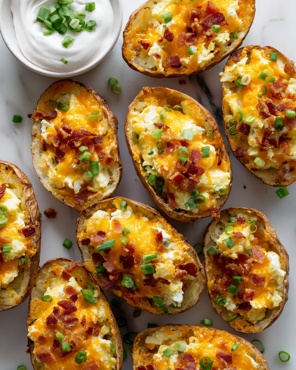 Delicious loaded breakfast potato skins topped with bacon, scrambled eggs, and melted cheese, perfect for festive holiday feasts.