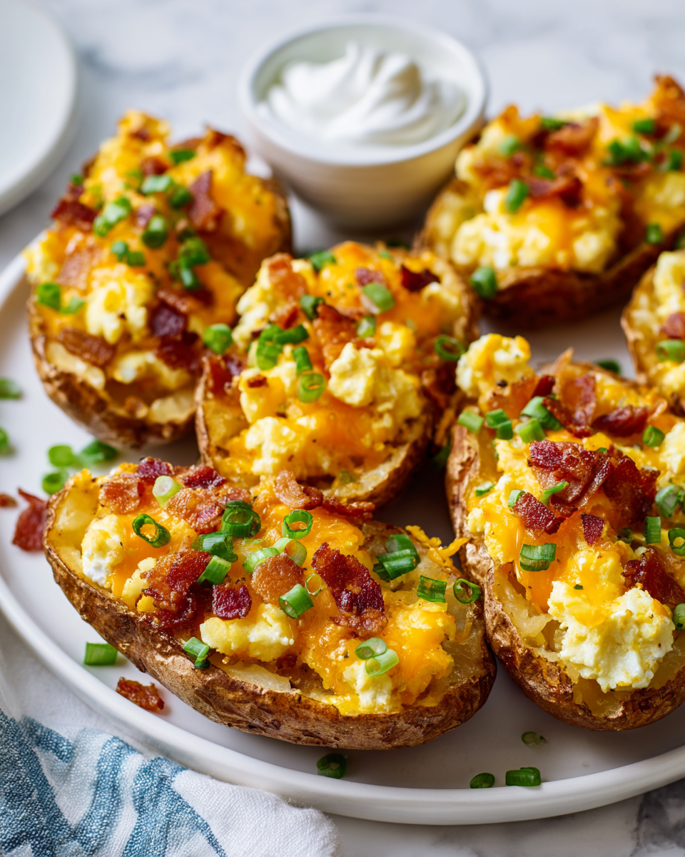 Delicious loaded breakfast potato skins topped with bacon, scrambled eggs, and melted cheese, perfect for festive holiday feasts.