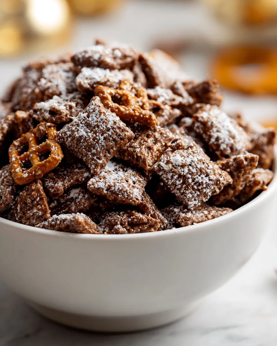 Delicious no-bake Muddy Buddies made with chocolate, peanut butter, and Rice Chex, perfect for holiday treats and gatherings.