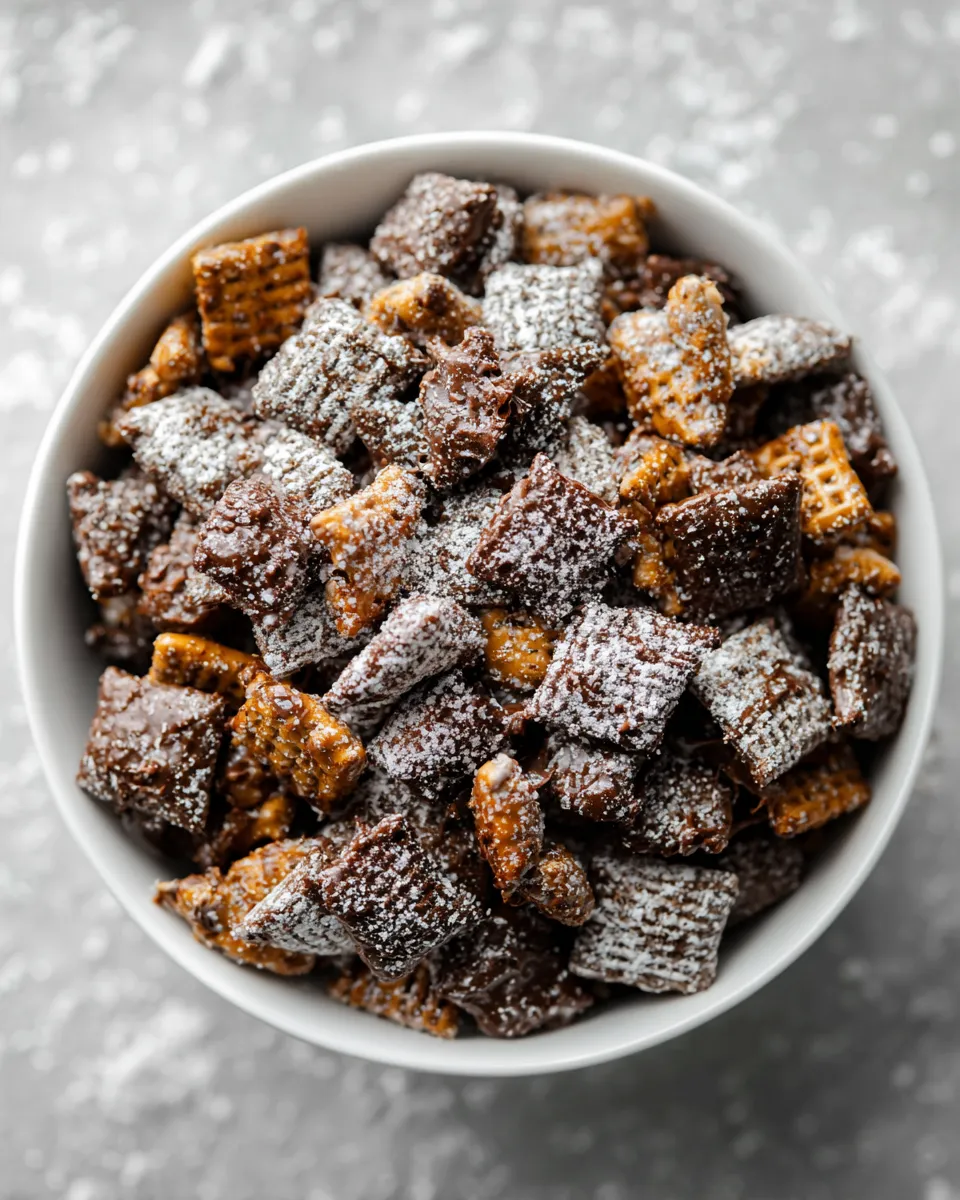 Delicious no-bake Muddy Buddies made with chocolate, peanut butter, and Rice Chex, perfect for holiday treats and gatherings.