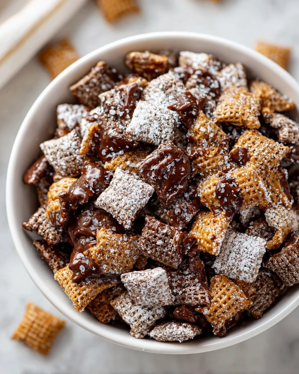Delicious no-bake Muddy Buddies made with chocolate, peanut butter, and Rice Chex, perfect for holiday treats and gatherings.