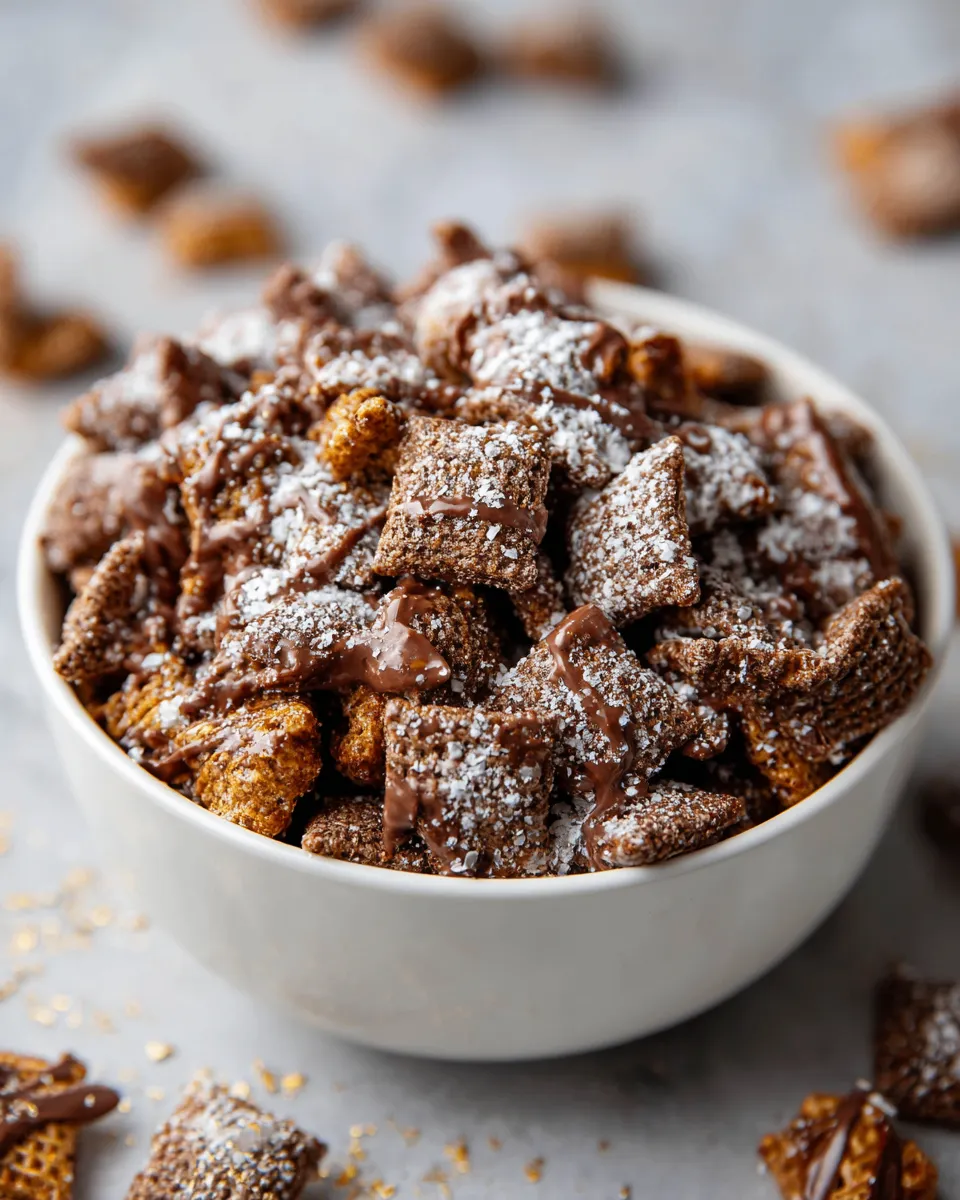 Delicious no-bake Muddy Buddies made with chocolate, peanut butter, and Rice Chex, perfect for holiday treats and gatherings.