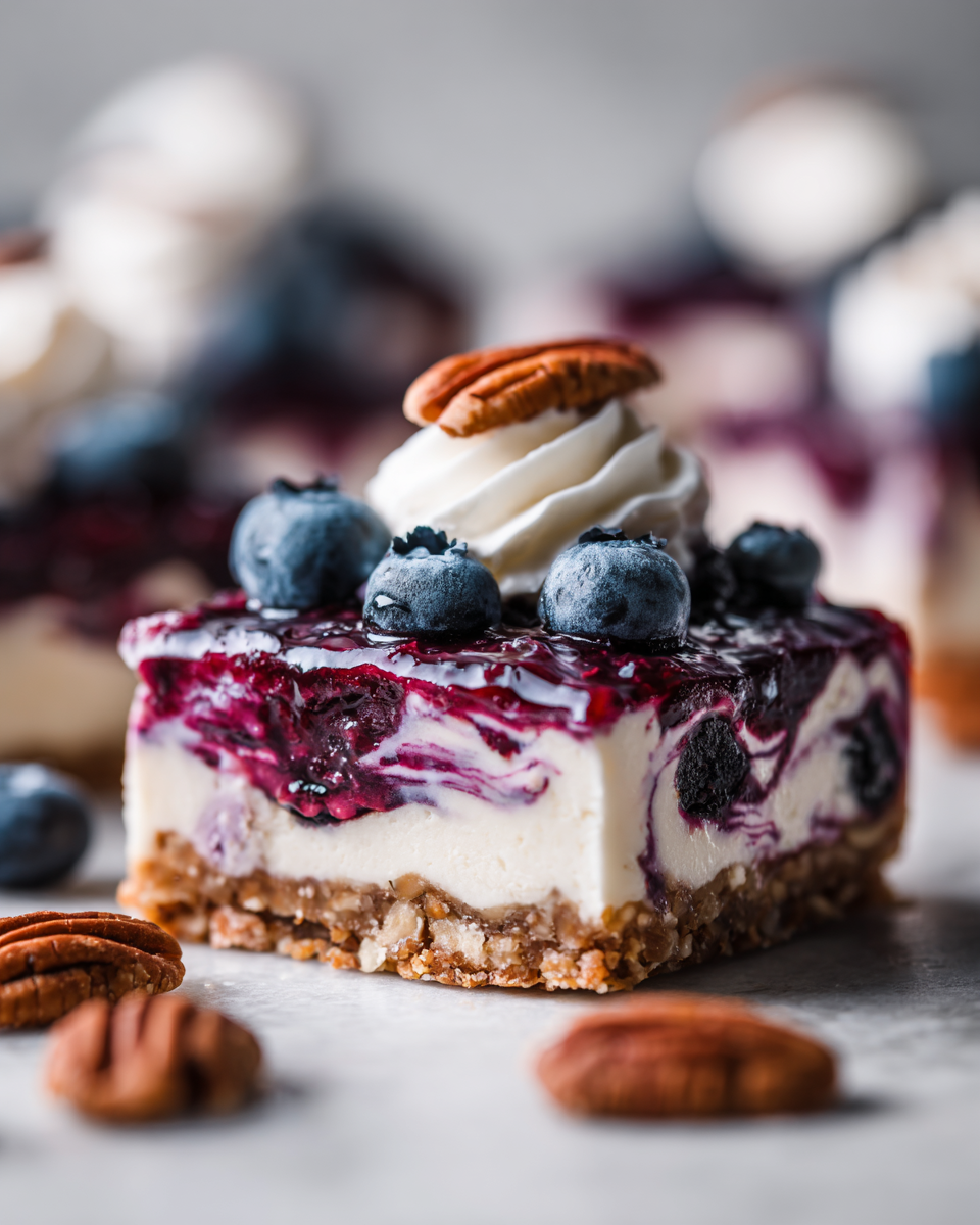 Creamy No-Bake Blueberry Pecan Squares with crunchy pecans and luscious blueberry filling, perfect for dessert lovers and holiday gatherings.
