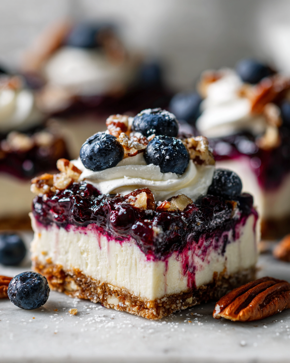 Creamy No-Bake Blueberry Pecan Squares with crunchy pecans and luscious blueberry filling, perfect for dessert lovers and holiday gatherings.