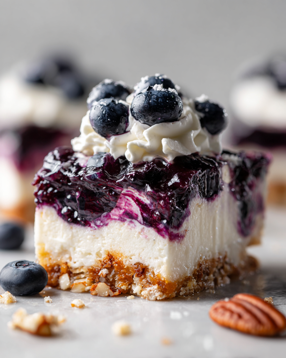 Creamy No-Bake Blueberry Pecan Squares with crunchy pecans and luscious blueberry filling, perfect for dessert lovers and holiday gatherings.