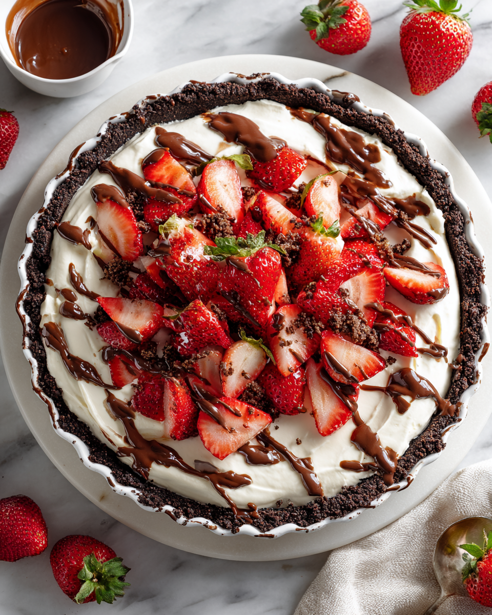 No-bake chocolate strawberries and cream pie with a crunchy crust and fresh strawberry topping