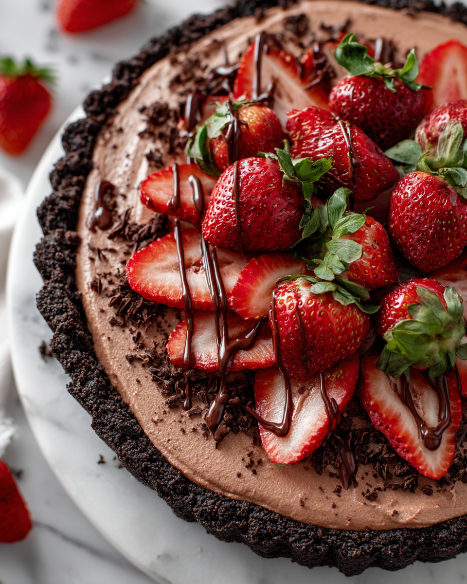 No-bake chocolate strawberries and cream pie with a crunchy crust and fresh strawberry topping