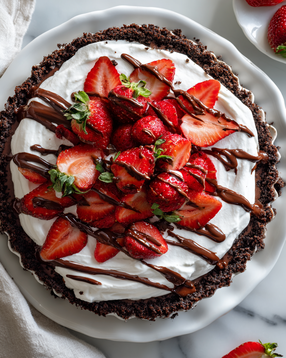 No-bake chocolate strawberries and cream pie with a crunchy crust and fresh strawberry topping