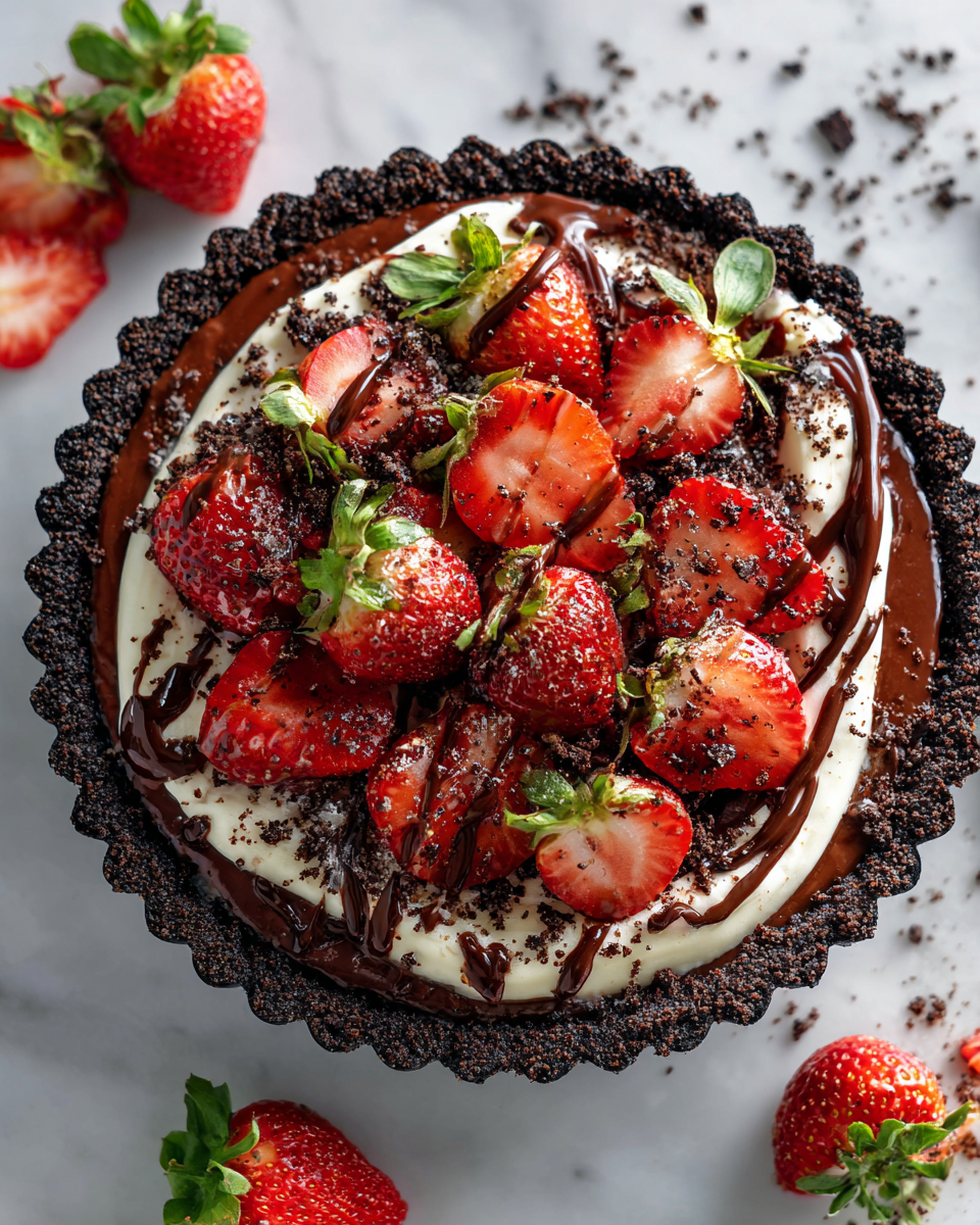 No-bake chocolate strawberries and cream pie with a crunchy crust and fresh strawberry topping