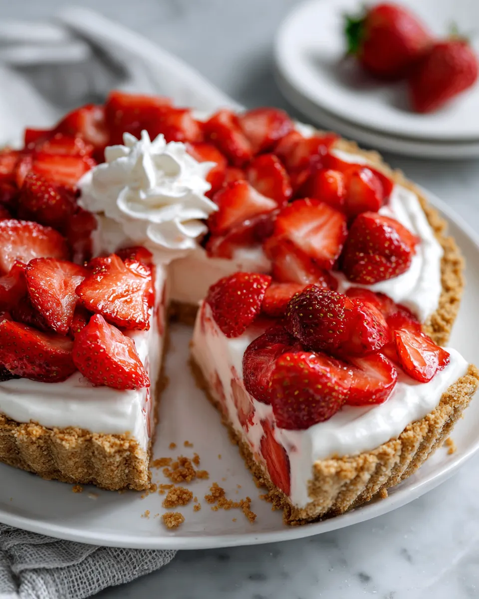 No-Bake Strawberry Cream Pie with fresh strawberries and a graham cracker crust, perfect festive dessert