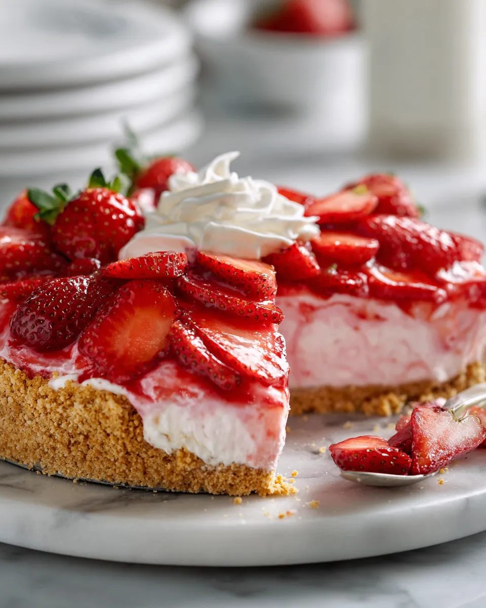No-Bake Strawberry Cream Pie with fresh strawberries and a graham cracker crust, perfect festive dessert
