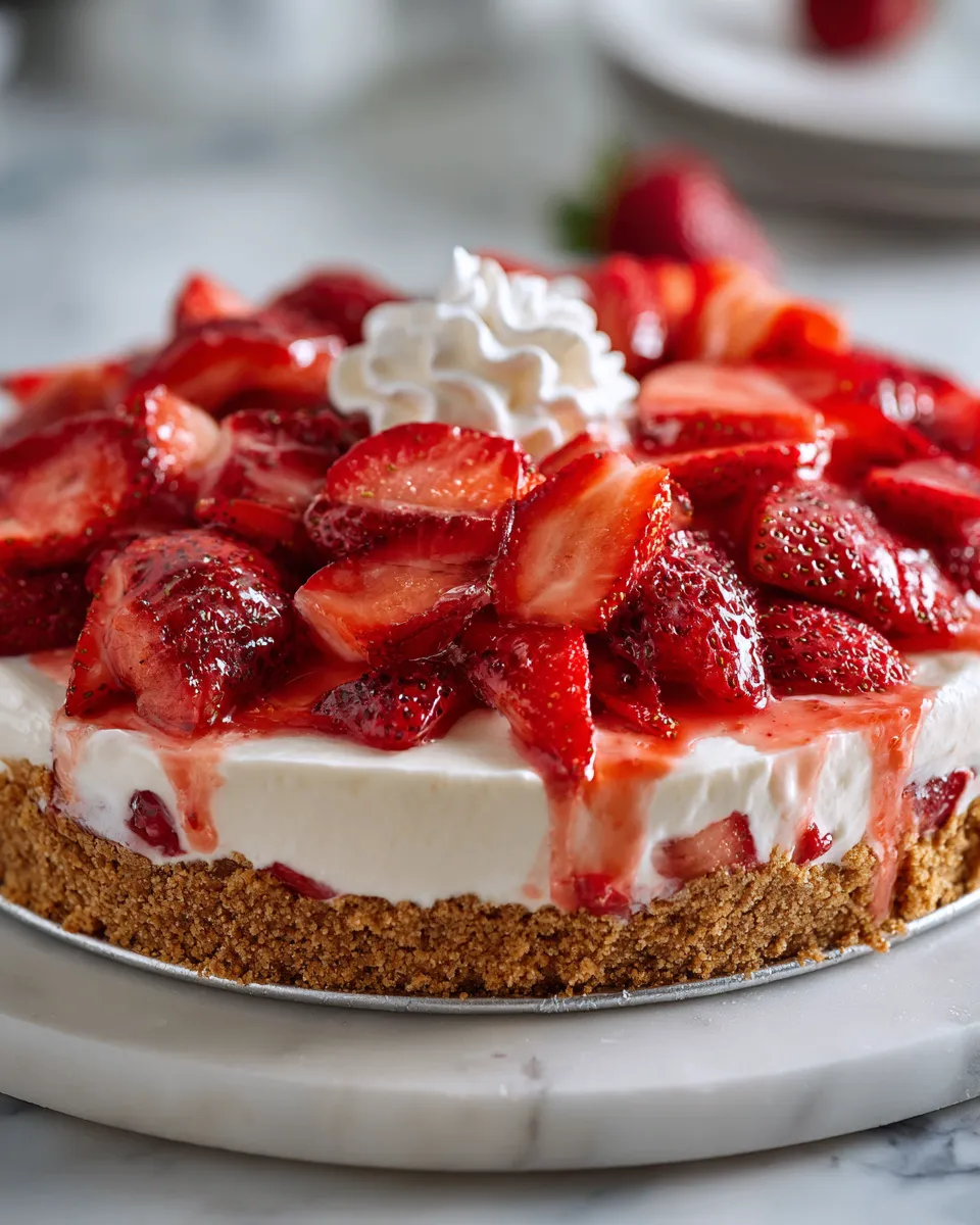 No-Bake Strawberry Cream Pie with fresh strawberries and a graham cracker crust, perfect festive dessert