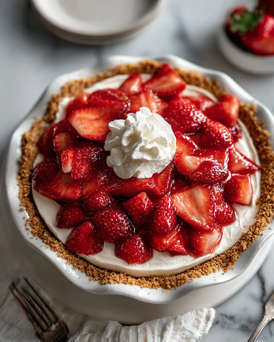 No-Bake Strawberry Cream Pie with fresh strawberries and a graham cracker crust, perfect festive dessert
