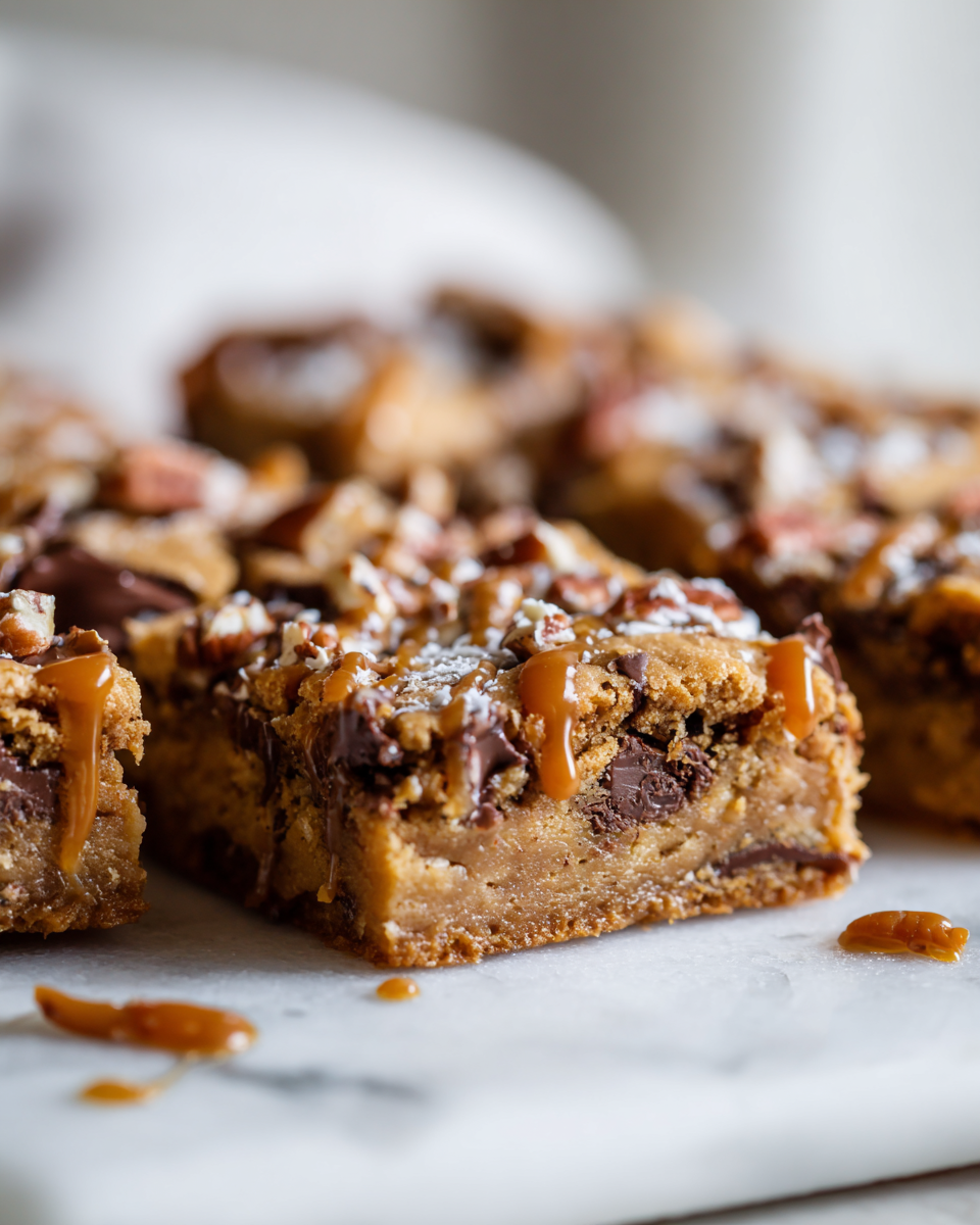 Delicious Peanut Butter Caramel Chocolate Chip Cookie Bars ready to be enjoyed, perfect for the holiday season.
