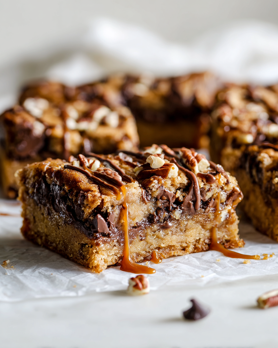 Delicious Peanut Butter Caramel Chocolate Chip Cookie Bars ready to be enjoyed, perfect for the holiday season.