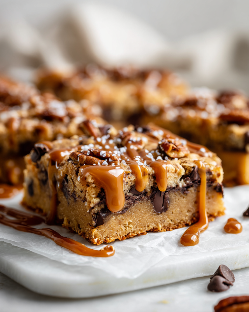 Delicious Peanut Butter Caramel Chocolate Chip Cookie Bars ready to be enjoyed, perfect for the holiday season.