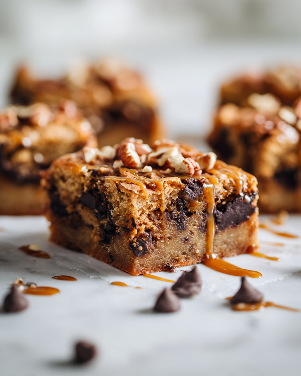 Delicious Peanut Butter Caramel Chocolate Chip Cookie Bars ready to be enjoyed, perfect for the holiday season.