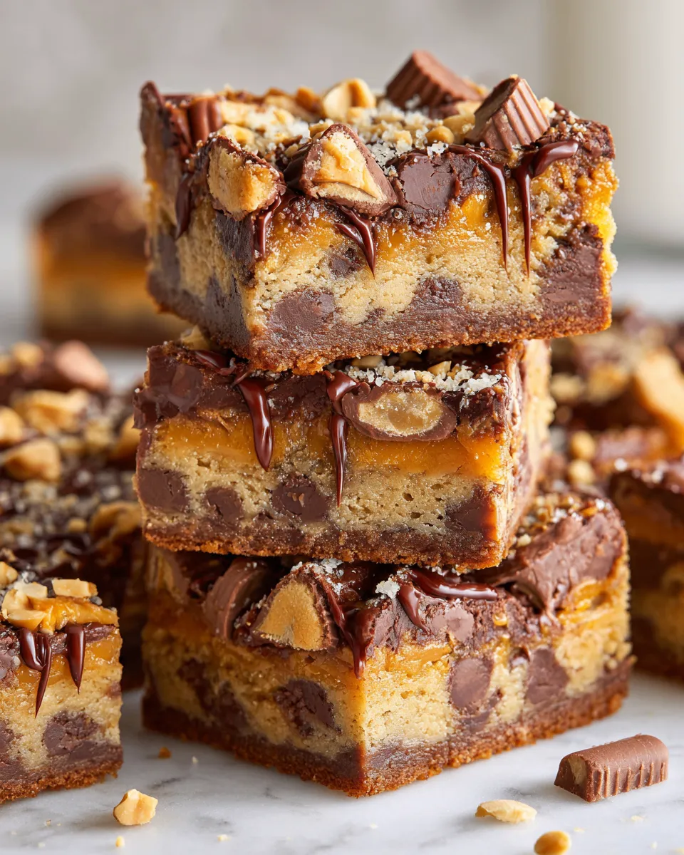 Reese's Peanut Butter Bars with chocolate and peanut butter layers, perfect for holiday baking and gatherings.
