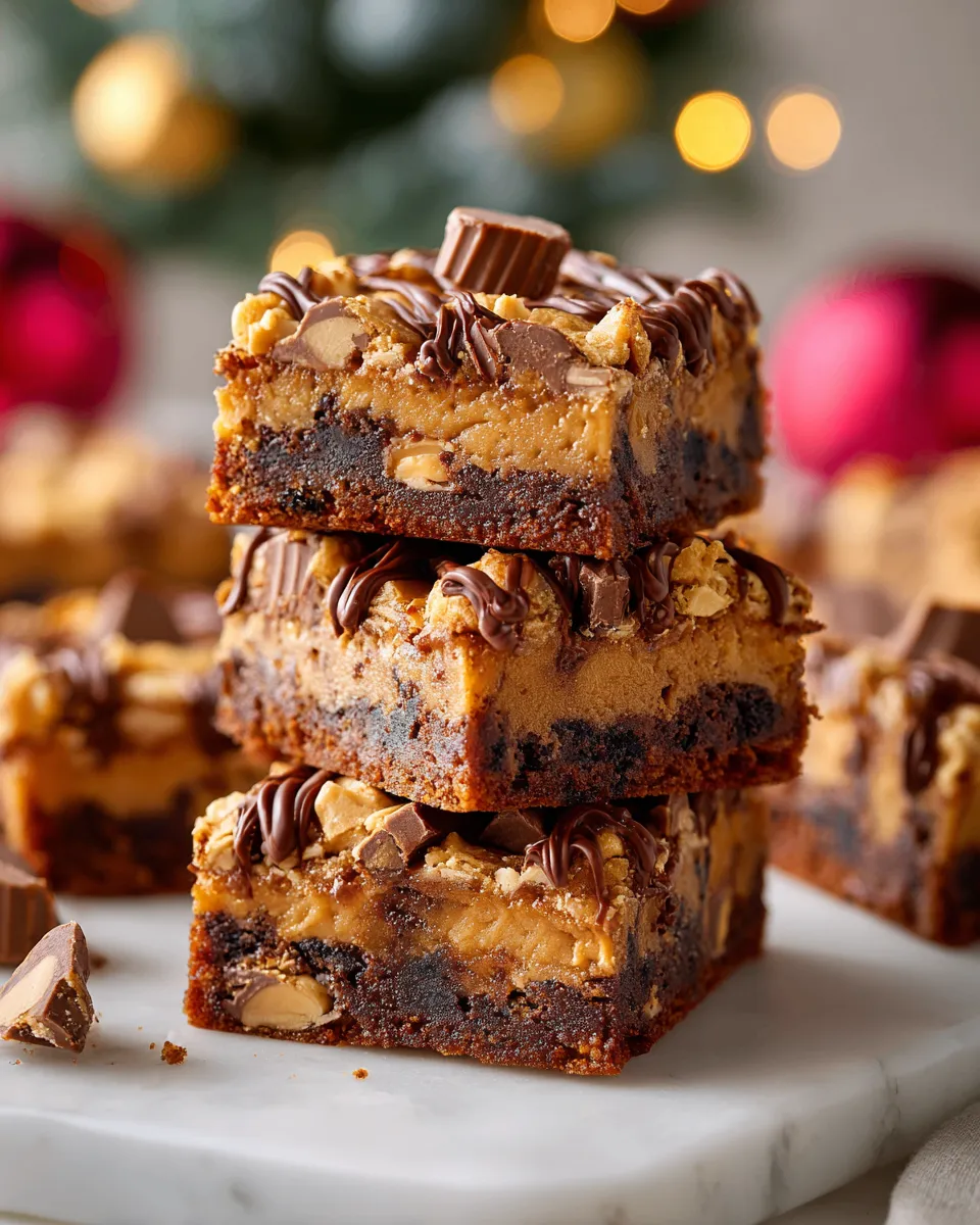 Reese's Peanut Butter Bars with chocolate and peanut butter layers, perfect for holiday baking and gatherings.