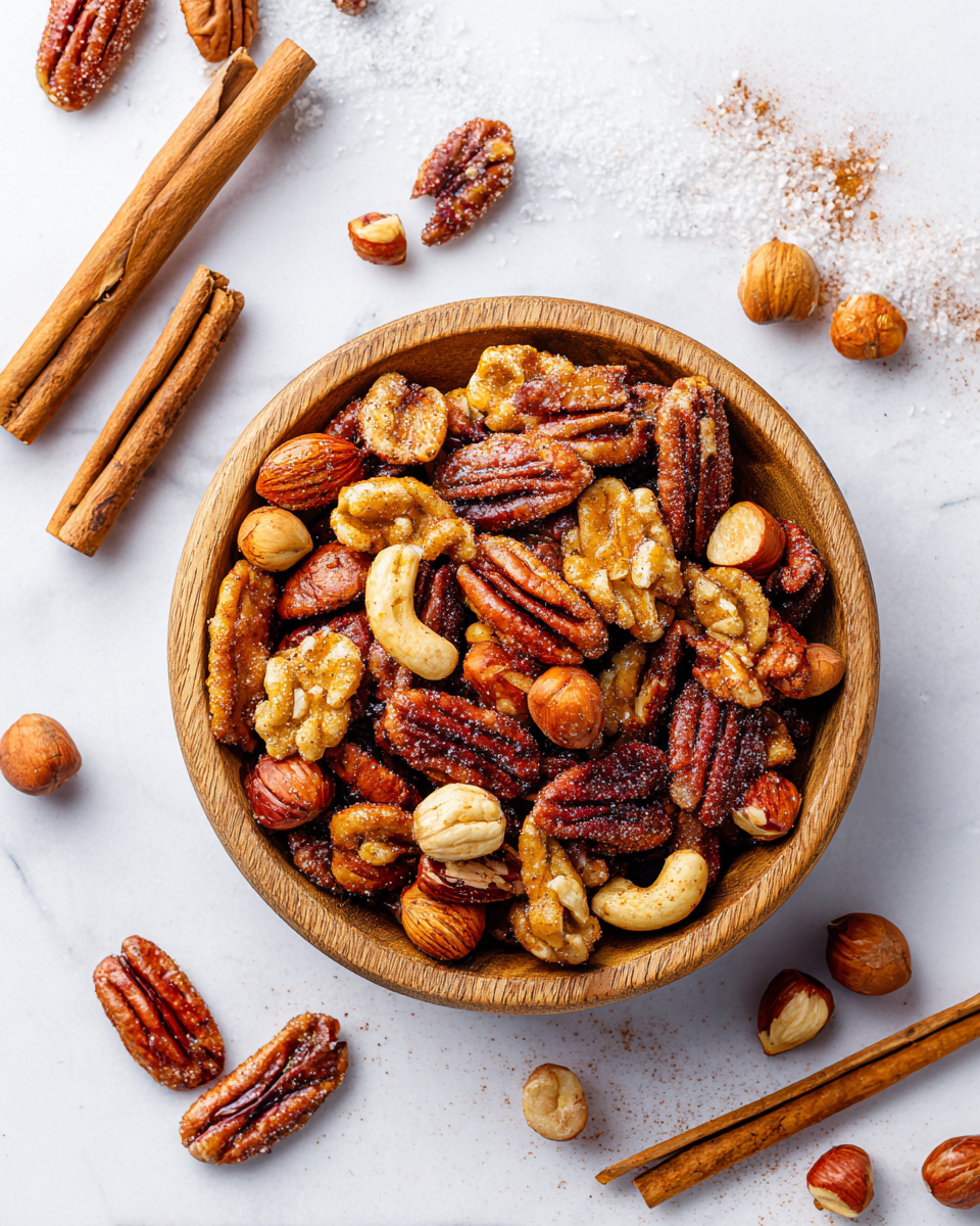 A bowl of colorful roasted cinnamon sugar nuts, perfect for holiday snacking and gifting, featuring pecans, almonds, walnuts, and hazelnuts.