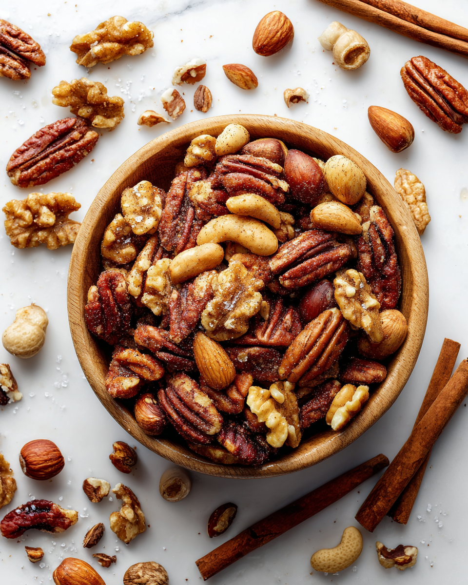 A bowl of colorful roasted cinnamon sugar nuts, perfect for holiday snacking and gifting, featuring pecans, almonds, walnuts, and hazelnuts.