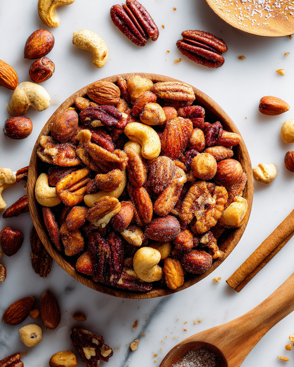 A bowl of colorful roasted cinnamon sugar nuts, perfect for holiday snacking and gifting, featuring pecans, almonds, walnuts, and hazelnuts.