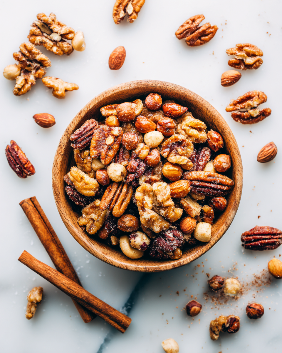 A bowl of colorful roasted cinnamon sugar nuts, perfect for holiday snacking and gifting, featuring pecans, almonds, walnuts, and hazelnuts.