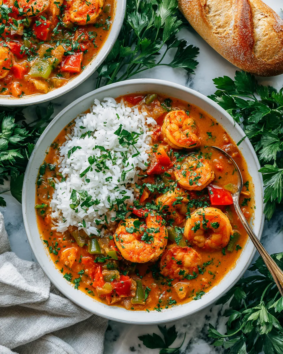 Delicious Shrimp Étouffée served over rice, rich in flavor with seasoned shrimp, perfect for cozy dinners.