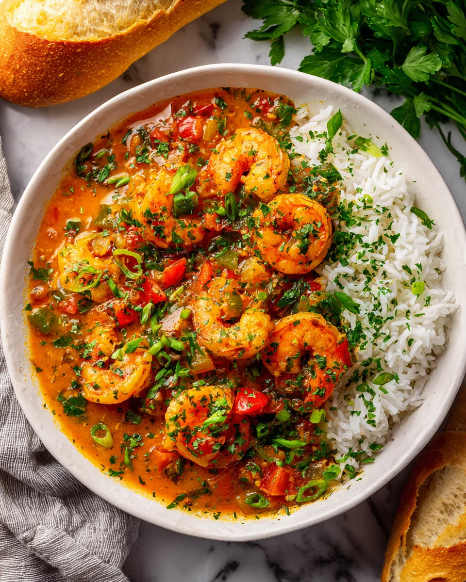 Delicious Shrimp Étouffée served over rice, rich in flavor with seasoned shrimp, perfect for cozy dinners.