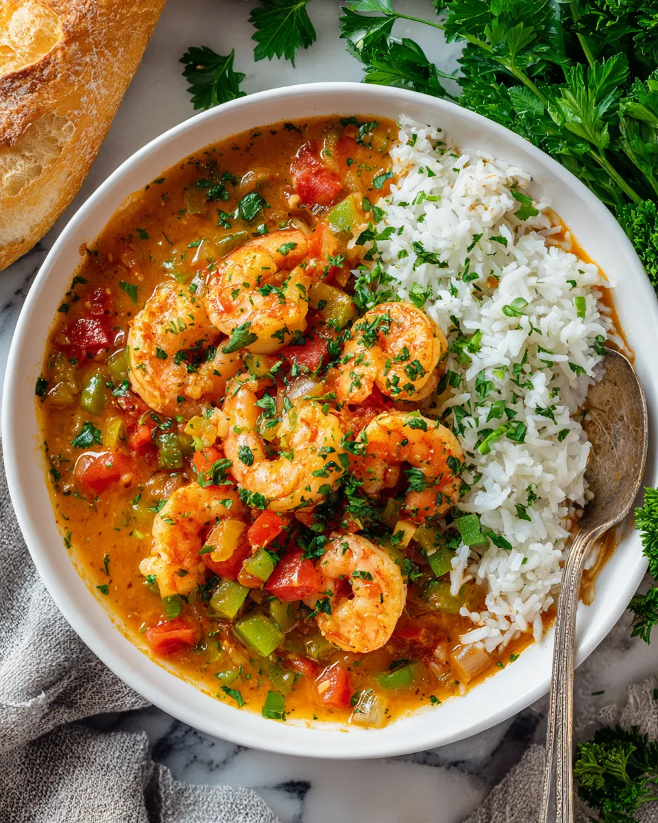Delicious Shrimp Étouffée served over rice, rich in flavor with seasoned shrimp, perfect for cozy dinners.