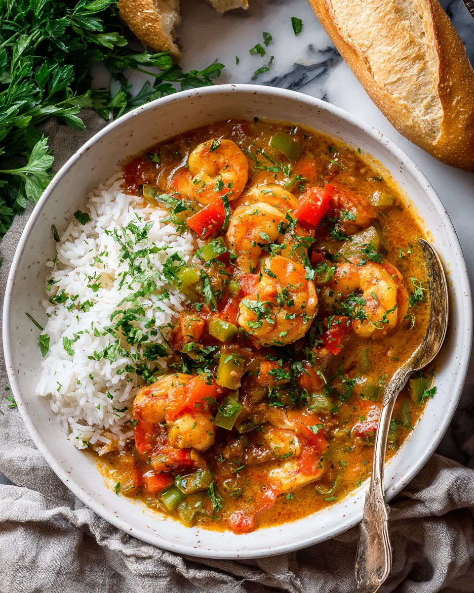 Delicious Shrimp Étouffée served over rice, rich in flavor with seasoned shrimp, perfect for cozy dinners.